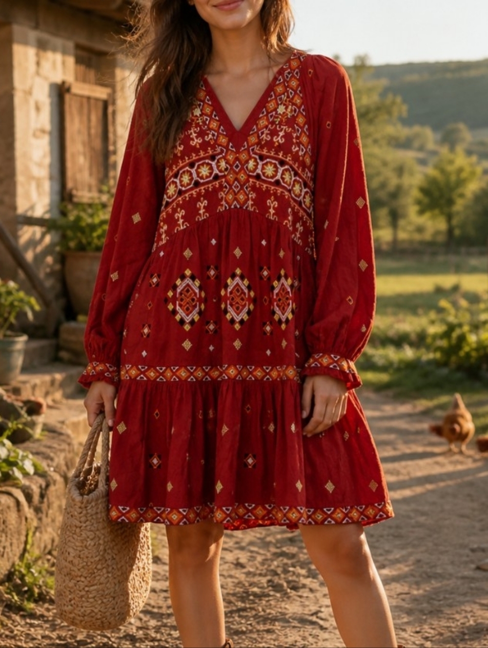 Anthropologie Dress Womens Red Embroidered Tiered Boho Aztec Southwestern Sz M